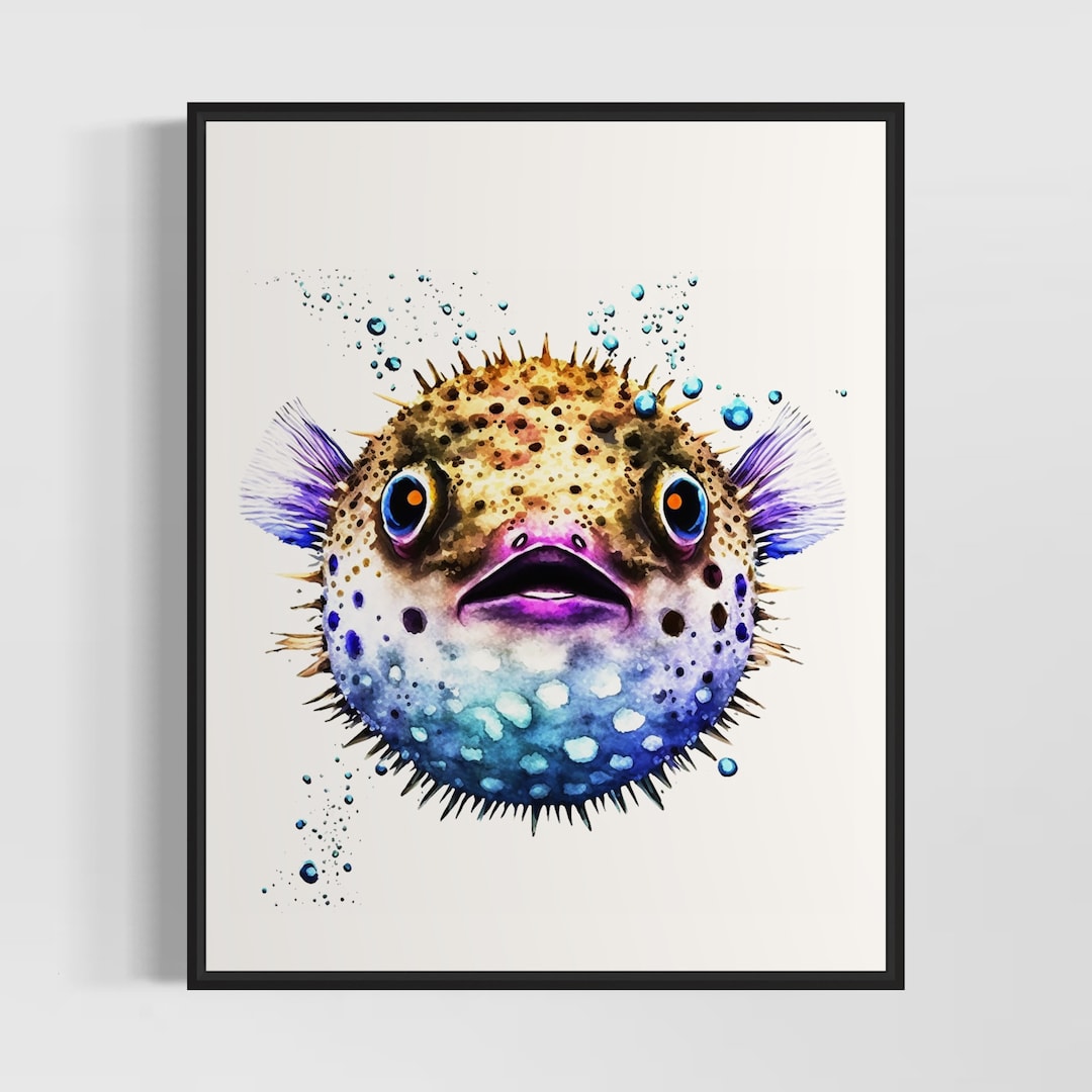 Puffer Fish Watercolor Art Print, Puffer Fish Painting Wall Art Poster