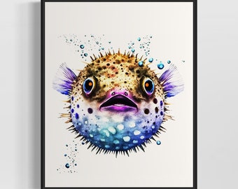 Puffer Fish Watercolor Art Print, Puffer Fish Painting Wall Art Poster, Original Artwork  by Artist
