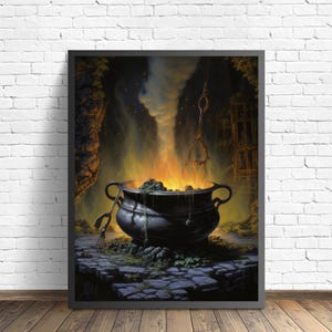 Witch's Cauldron Art Print, Scary Spooky Haunted Gothic Wall Art Painting Decor Photo