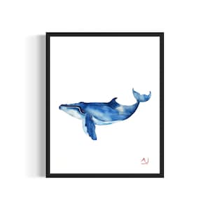 Plakat z wielorybem błękitnym, akwarela, morskie stworzenie, dekoracja ścienna, podpisana przez artystę