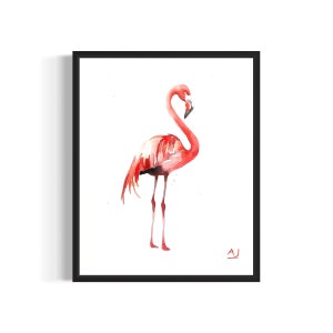 Flamingo Poster Art Print, Watercolor Bird Painting Wall Decor Signed by Artist