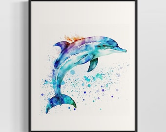 Dolphin Watercolor Art Print, Dolphin Painting Wall Art Decor, Original Artwork  by Artist