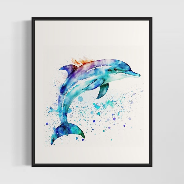 Dolphin Watercolor Art Print, Dolphin Painting Wall Art Decor, Original Artwork  by Artist