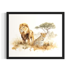 Leopard and Lion Animal in Safair in Harmony Poster Art Print, Living Room Wall Art Poster, Original Painting Artwork Decor