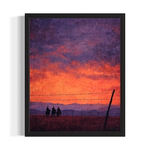 Cowboys at Sunset Poster Art Print, Living Room Wall Art Poster, Original Painting Artwork Decor