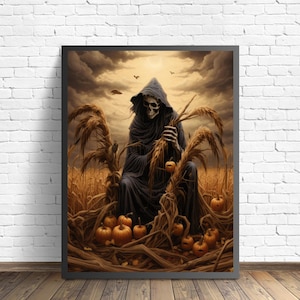 Grim Reaper's Harvest Art Print, Scary Spooky Haunted Gothic Wall Art Painting Decor Photo
