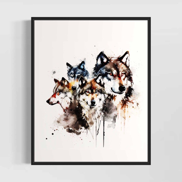 Wolf Pack Watercolor Art Print, Wolfs Painting Wall Art Decor, Original Artwork  by Artist