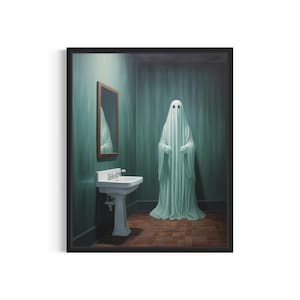 Ghost in Restroom Art Print, Vintage Gothic Wall Art Painting Decor Photo