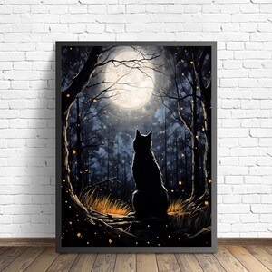 Black Cat in the Moonlight Art Print, Scary Spooky Haunted Gothic Wall Art Painting Decor foto