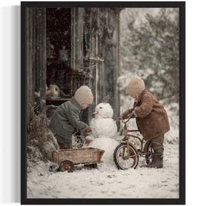 Children building a snowman Christmas Poster Art Print, Living Room Wall Art Poster, Original Painting Artwork Decor