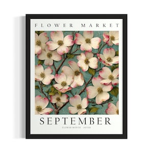 September Aster Flower Month Poster Art Print, Living Room Wall Art Poster, Original Painting Artwork Decor