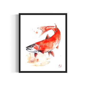 Impresión artística de póster de salmón, pintura de acuarela de animales marinos, decoración de pared firmada por el artista