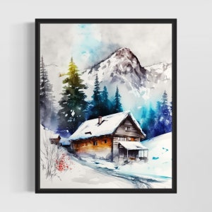 Winter Cabin and Mountain Watercolor Art Print, Cabin and Mountain Wall Art Poster, Original Artwork  by Artist