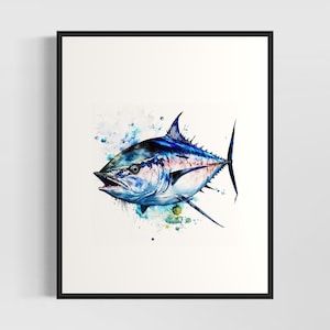 Blauwvintonijn aquarel kunstafdruk, blauwvintonijn schilderij muur kunst decor, origineel kunstwerk van kunstenaar