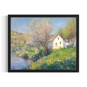 Cottage Farmhouse Landscape Poster Art Print, Living Room Wall Art Poster, Original Painting Artwork Decor