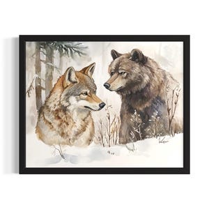 Wolf and Bear Animal in Harmony Forest Wildlife Poster Art Print, Living Room Wall Art Poster, Original Painting Artwork Decor