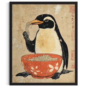 Penguin Animal Kitchen Ramen Poster Art Print, Kitchen Wall Art Poster, Original Painting Artwork Decor
