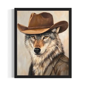 Wolf Animal Cowboy Poster Art Print, Living Room Wall Art Poster, Original Painting Artwork Decor