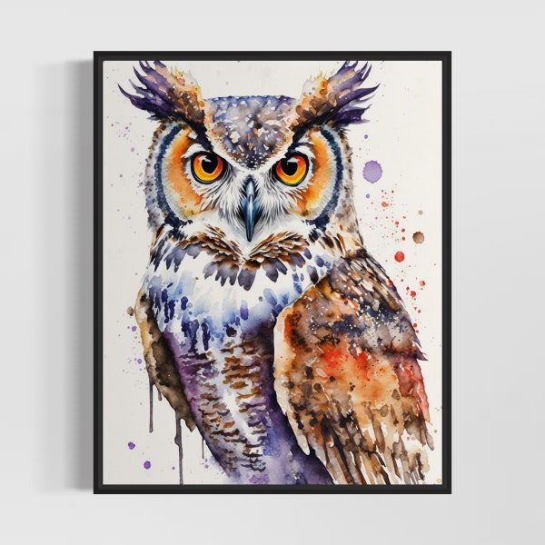 Great Horned Owl Watercolor Art Print, Great Horned Owl Painting Wall Art Decor, Original Artwork  by Artist