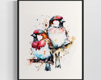 Finches Watercolor Art Print, Finches Painting Wall Art Decor, Original Artwork  by Artist
