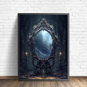 Cursed Mirror Art Print, Scary Spooky Haunted Gothic Wall Art Painting Decor Photo