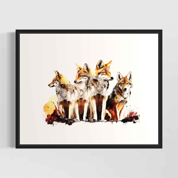 Coyote Family Watercolor Art Print, Coyote Painting Wall Art Decor, Original Artwork  by Artist