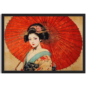 Red Geisha Japanese Poster Art Print, Living Room Wall Art Poster, Original Painting Artwork Decor