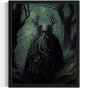 Druid of the Forest Art Print, Scary Spooky Gothic Wall Art Painting Decor Photo