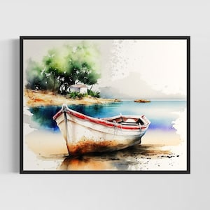 Impresión artística de acuarela de barco en el lago, pintura de barco en el lago, decoración de pared, obra de arte original del artista