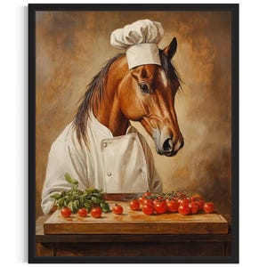 Horse Animal Chef Poster Art Print, Kitchen Wall Art Poster, Original Painting Artwork Decor