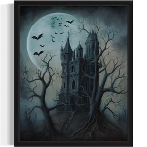 Impressão de arte de casa mal-assombrada e árvore, pintura de arte de parede gótica assustadora e assustadora, decoração de foto