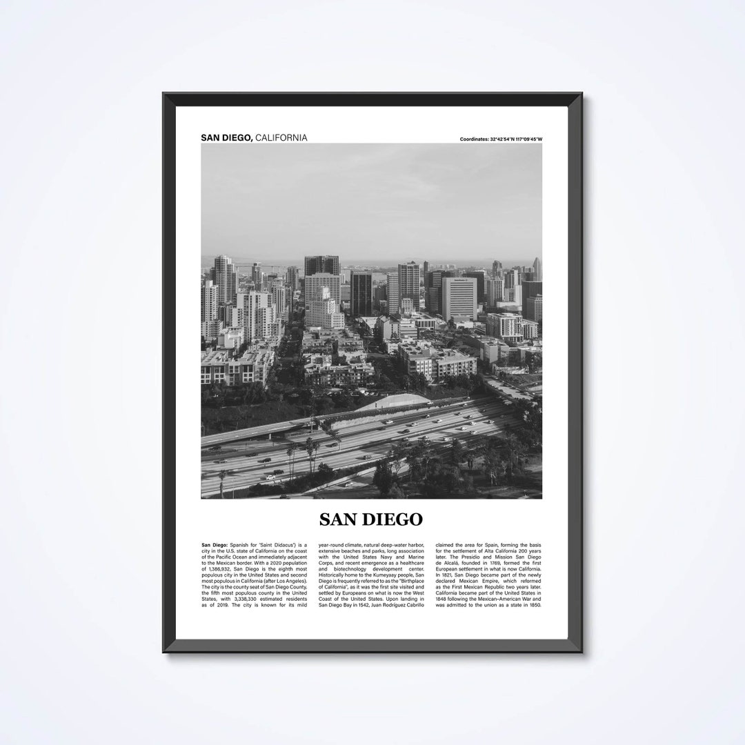 San Diego Black and White Poster, San Diego, California Print, San
