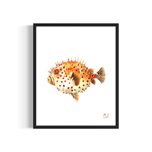 Pufferfish Poster Art Print, Watercolor Sea Creature Animal Painting Wall Decor Signed by Artist
