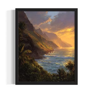 Hawaii Nā Pali Coast cliffs States Art Print, woonkamer muurkunstposter, origineel schilderij artwork decor