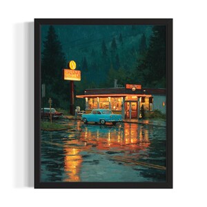 Washington Roadside Diner States Poster Art Print, Living Room Wall Art Poster, Original Painting Artwork Decor