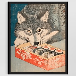 Wolf Animal Kitchen Sushi Poster Art Print, Kitchen Wall Art Poster, Original Painting Artwork Decor