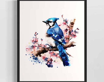 BlueJay and Flowers Watercolor Art Print, Blue Jay Painting Wall Art Decor, Original Artwork  by Artist