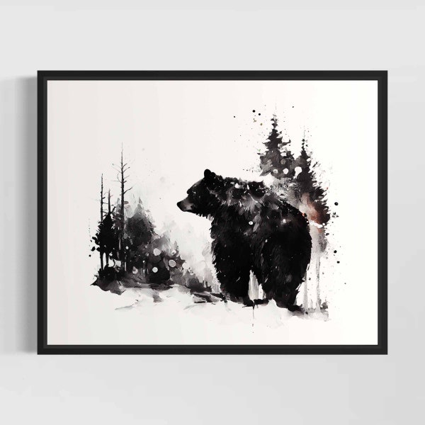 Black Bear in Winter Watercolor Art Print, Black Bear Painting Wall Art Decor, Original Artwork  by Artist