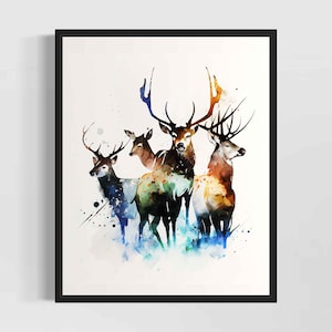 Deer Family Watercolor Art Print, Dekoracja ścienna z obrazem Deers, Oryginalne dzieło artysty