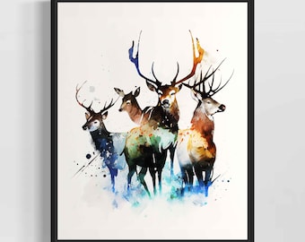 Deer Family Aquarelle Art Print, Deers Painting Wall Art Decor, Oeuvre originale de l'artiste