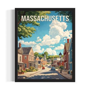 Massachusetts Historic Town States Poster Art Print, Living Room Wall Art Poster, Original Painting Artwork Decor