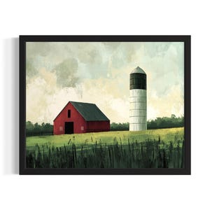 Silo and Barn Landscape Poster Art Print, Living Room Wall Art Poster, Original Painting Artwork Decor