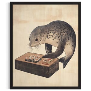 Seal Animal Kitchen Sushi Poster Art Print, Kitchen Wall Art Poster, Original Painting Artwork Decor
