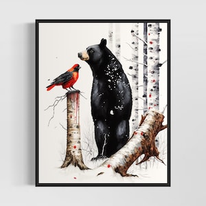 Black bear, Cardinal and Birch Trees Winter Watercolor Original Artwork  by Artist
