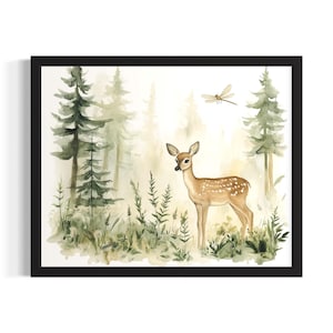 Deer and Dragonfly Animal in Harmony Forest Wildlife Poster Art Print, Living Room Wall Art Poster, Original Painting Artwork Decor