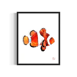 Clownfish Poster Art Print, Watercolor Sea Creature Animal Painting Wall Decor Signed by Artist
