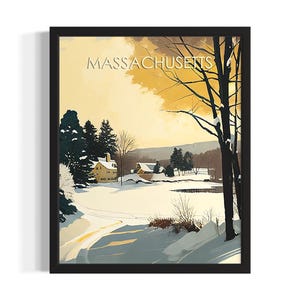 Massachusetts retro winter staten poster kunstprint, woonkamer muur kunstposter, origineel schilderij artwork decor
