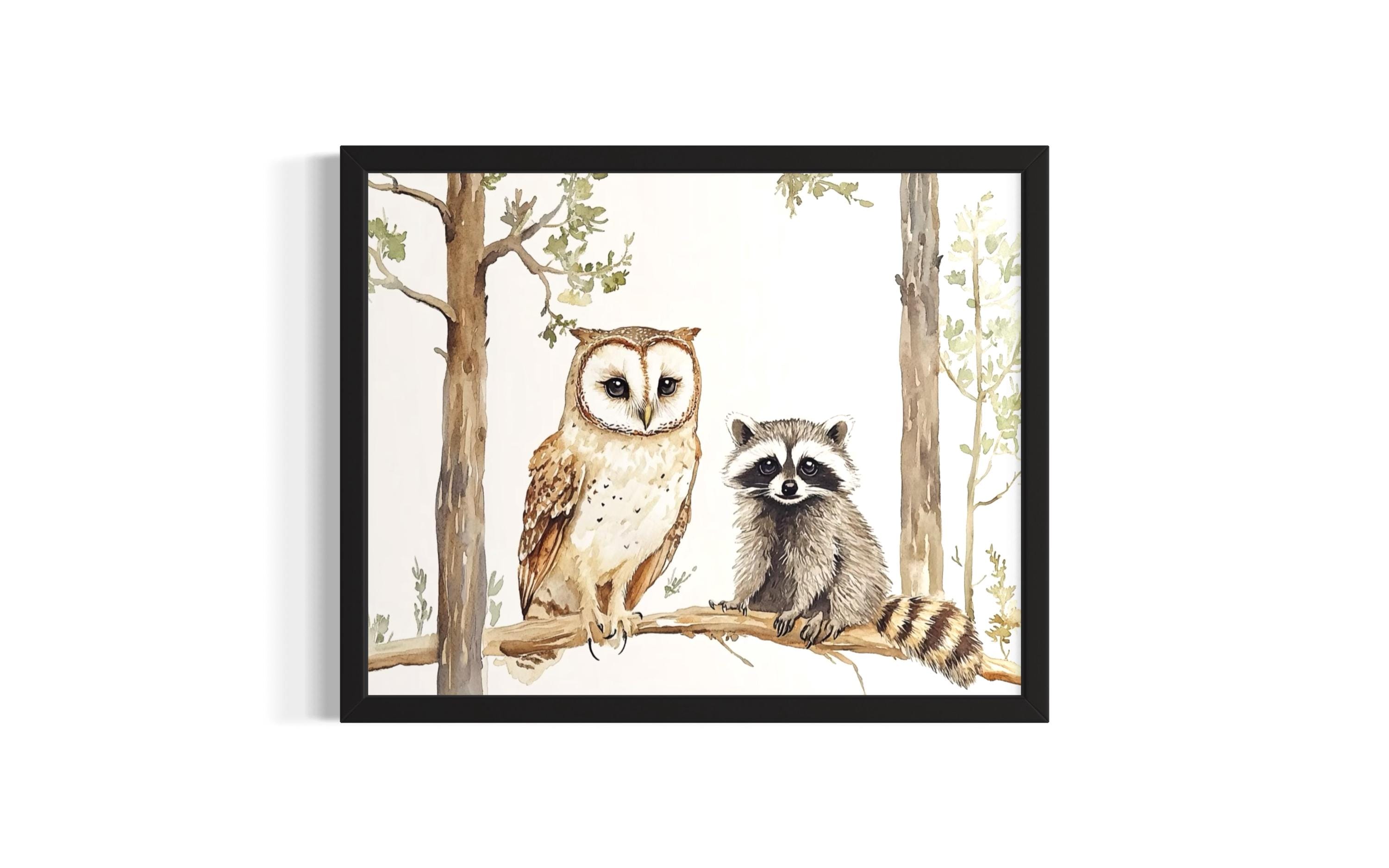 Owl and Raccoon Animal in Harmony Forest Wildlife Poster Art Print, Living Room Wall Art Poster, Ori