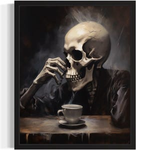 Skull Drinking Coffee Art Print, Scary Spooky Gothic Wall Art Painting Decor Photo