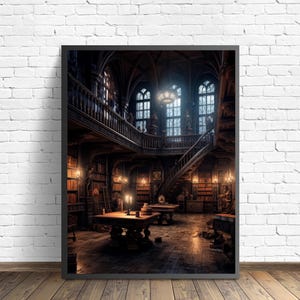 Haunted Library Art Print, Scary Spooky Haunted Gothic Wall Art Painting Decor Photo